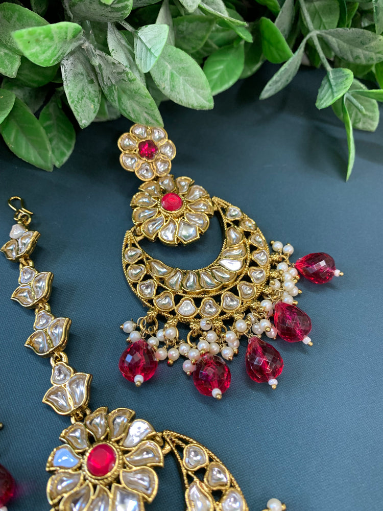 Manjot kundan earring tikka set cherry red/ hot pink / magenta