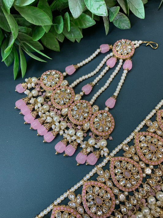 Razia choker necklace set with jhumar pink