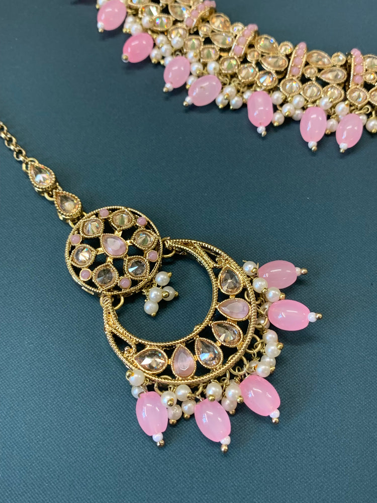 Allan polki necklace with jhumki tikka blush pink