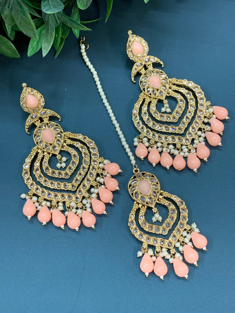 Tara polki Chandbali earring with matching tikka Thai tea coral