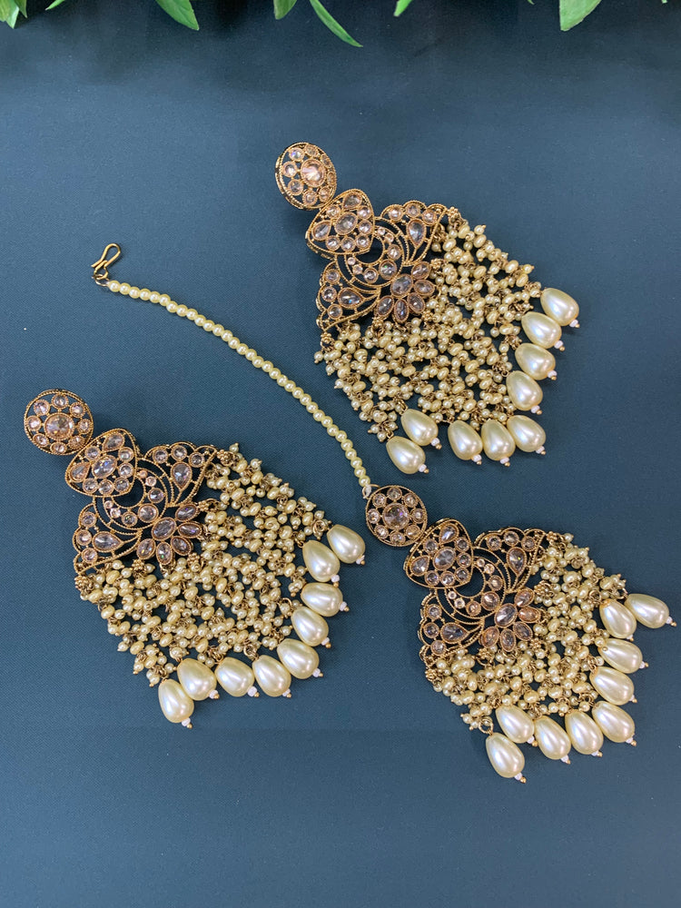 Cara statement polki earring tikka set pearl details and pearl / white / gold