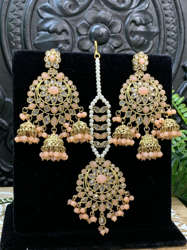 Kiana polki triple jhumki Chandbali style earring with matching tikka peach