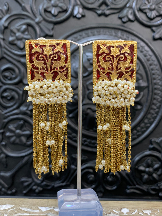 Arora Meena earring antique gold  maroon red