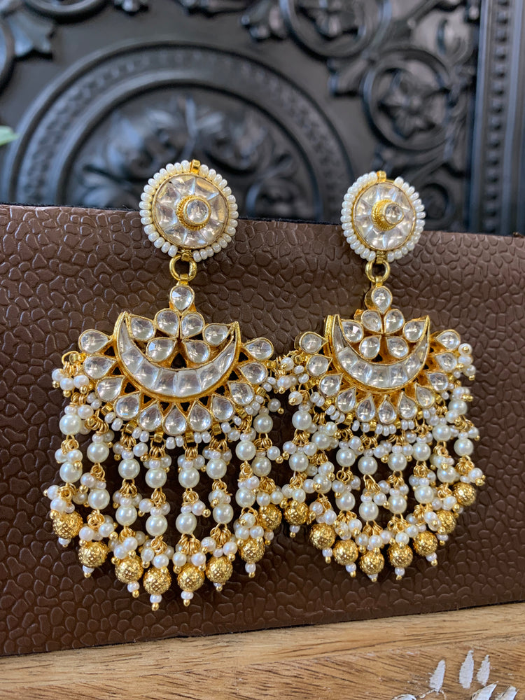 Leslie pachi Kundan chandbali earring small to medium size gold and pearl