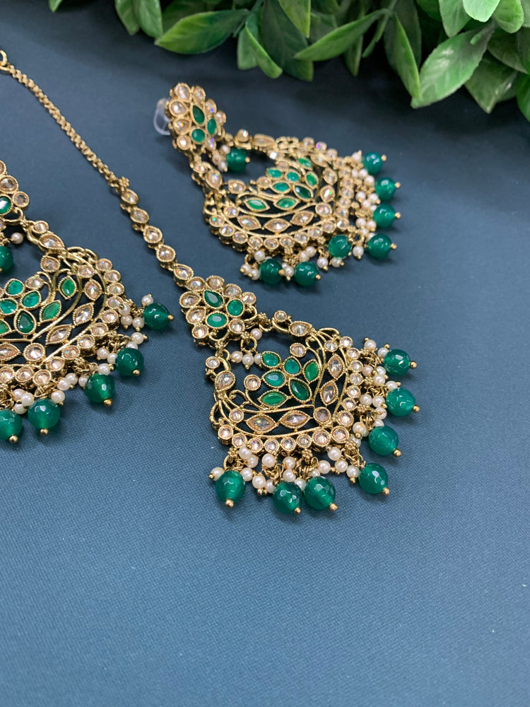 Raina reverse polki earring tikka set with pearl and emerald green glass drop