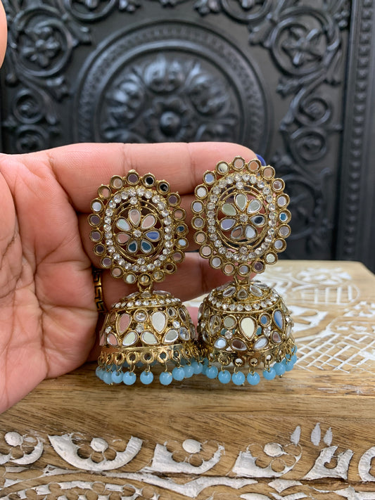 Kate mirror jhumki tikka antique gold light blue NO TIKKA