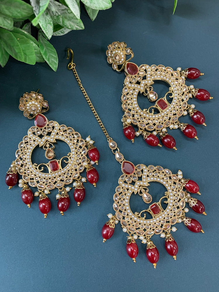 Nardali tikka set polki earring tikka set maroon / burgundy