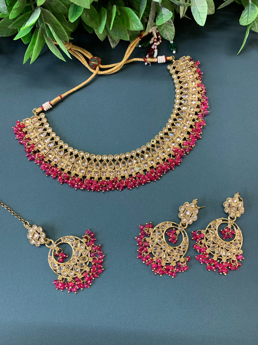 Rashmeet polki necklace with matching earring tikka hot pink magenta