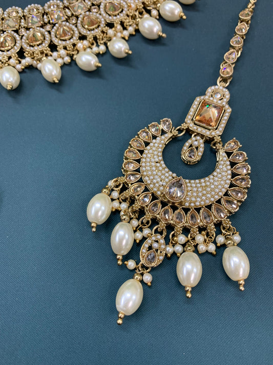 Reagan polki necklace set with matching Chandbali and tikka set gold/white/pearl