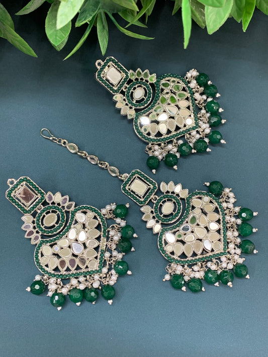 Amrita chandbali mirror earring tikka set emerald green