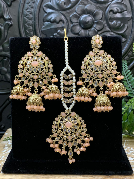 Kiana polki triple jhumki Chandbali style earring with matching tikka peach