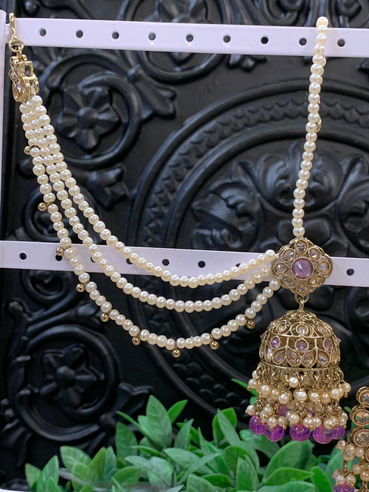 Shana triple layer bahubali sahare jhumki ear chain and matching tikka antique gold /lavender/ lilac