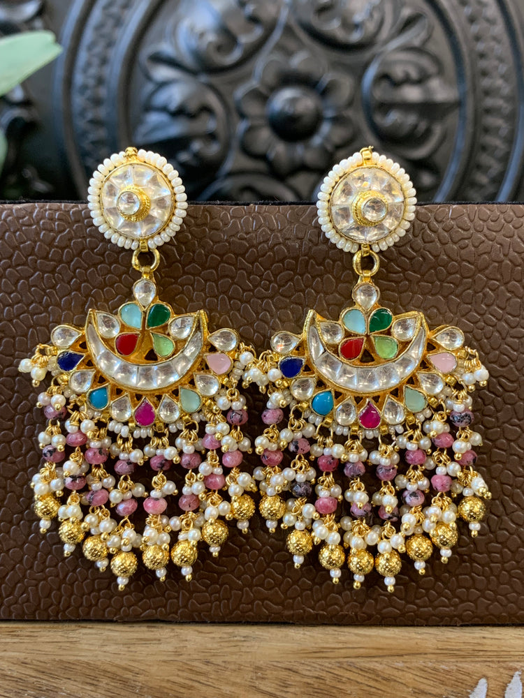 Leslie pachi Kundan chandbali earring small to medium size multi Navratan style