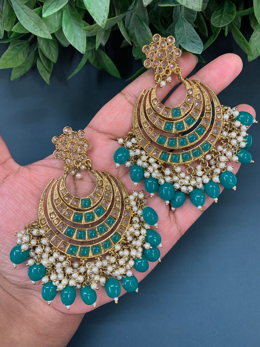 Bloom polki chandbali earring antique/ teal green