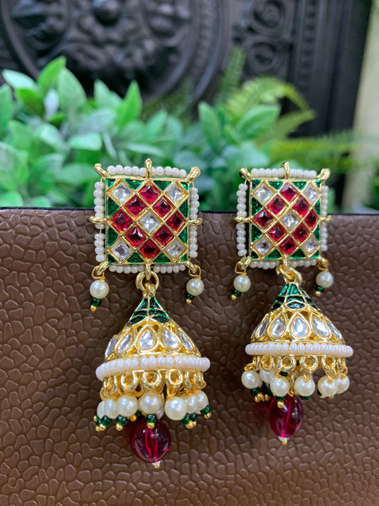 Saru kundan jhumki everyday wear small lightweight red