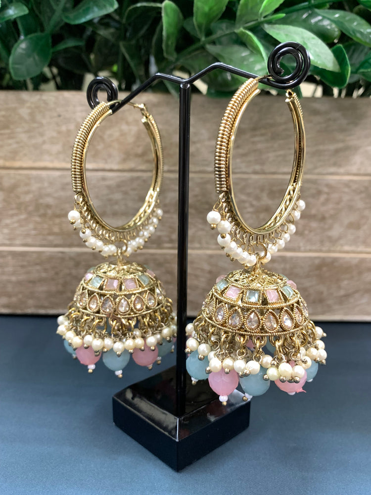 Shabana polki bali hoop jhumki/jhumka mint pink multi