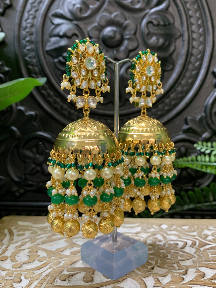 Natasha moissanite kundan jhumki earring emerald green