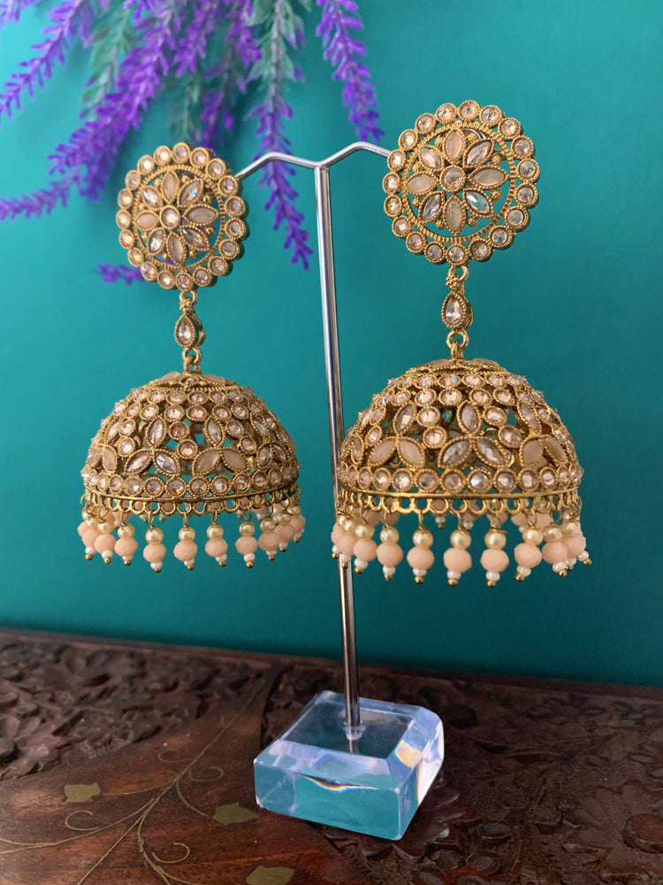 Rashi polki statement jhumki earring antique polki/ white pearl /nude peach