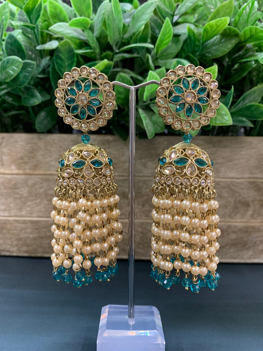 Mohua polki statement jhumki earring antique polki/teal green/pearl