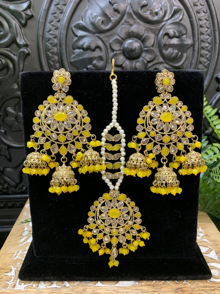 Kiana polki triple jhumki Chandbali style earring with matching tikka pastel yellow