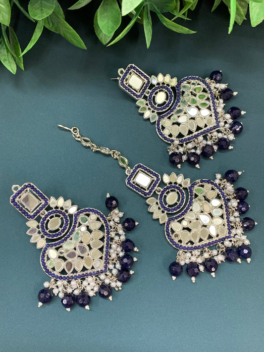 Amrita chandbali mirror earring tikka set navy blue