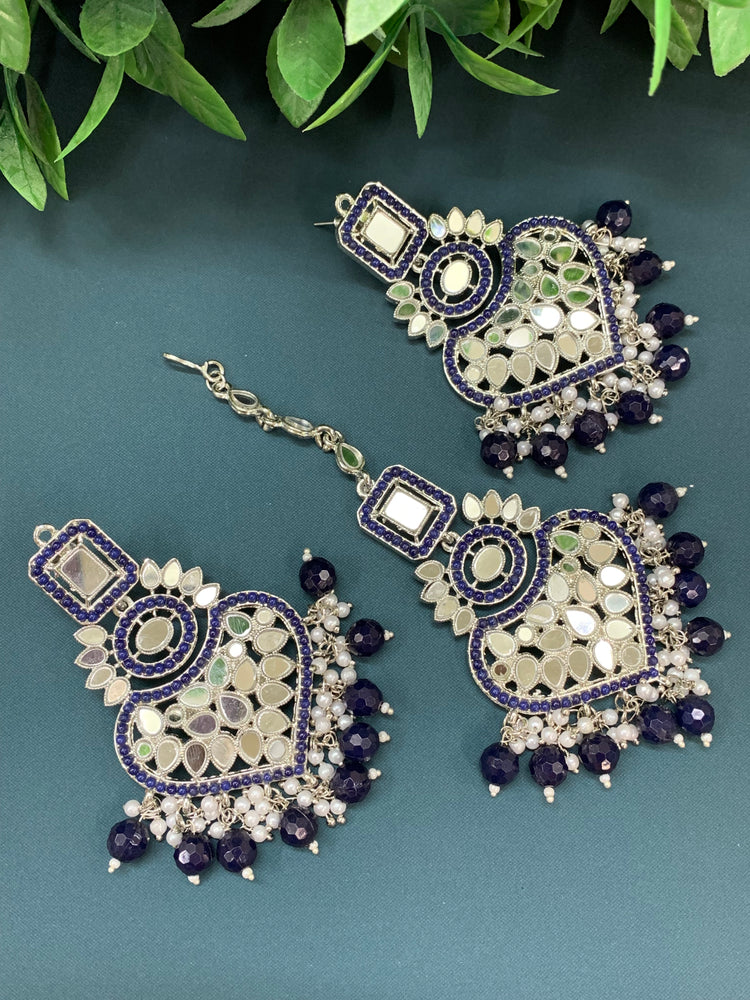 Amrita chandbali mirror earring tikka set navy blue