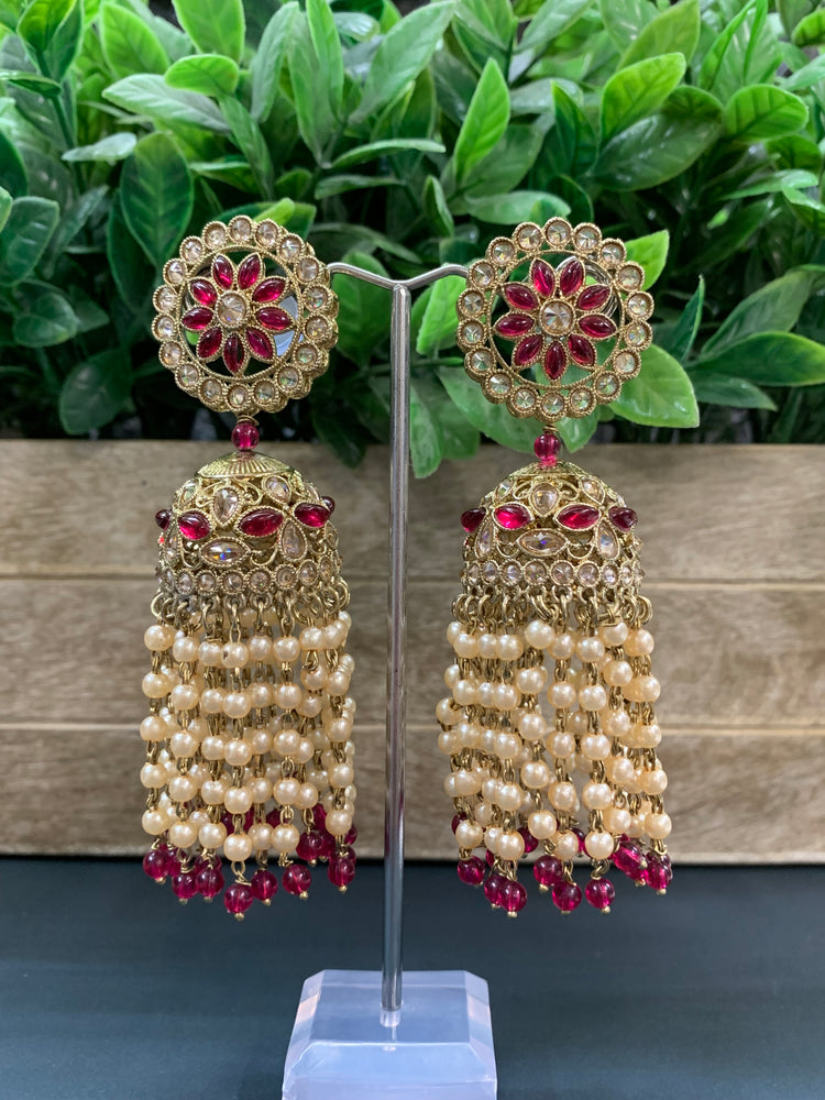 Mohua polki statement jhumki earring antique polki/ white pearl/ cherry red / pink