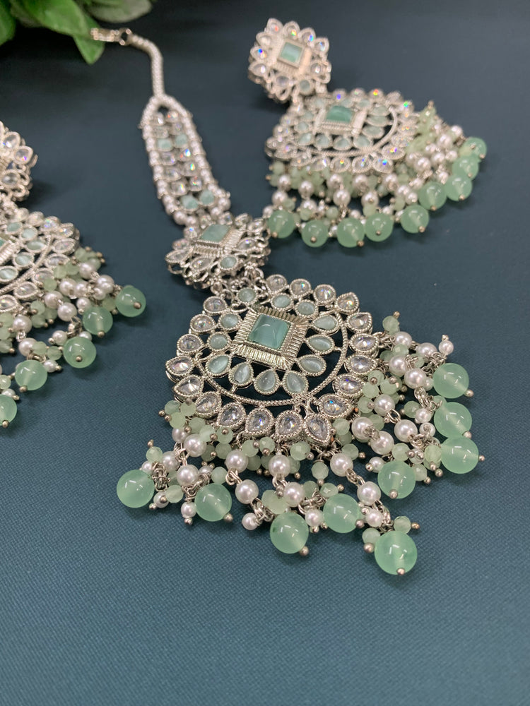 Sunita tikka set polki earring tikka set silver / pistachio