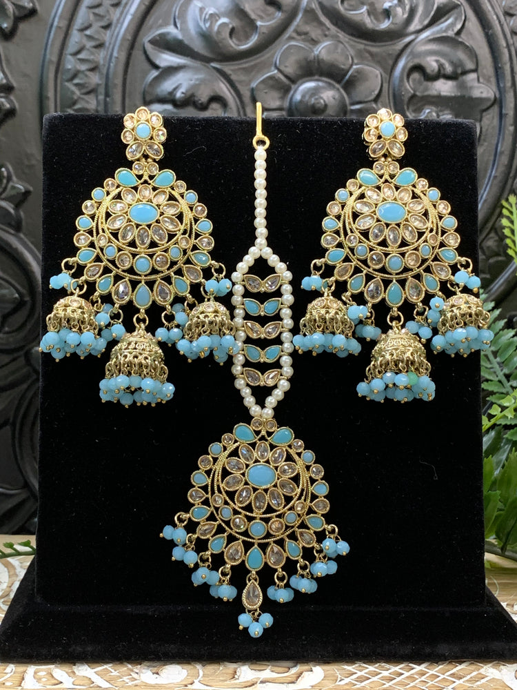 Kiana polki triple jhumki Chandbali style earring with matching tikka light blue