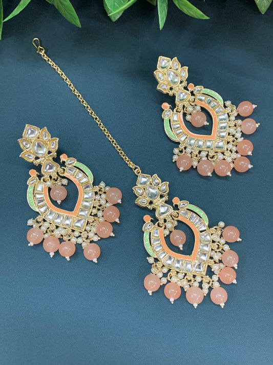 Amber kundan light weight earring tikka set nude peach