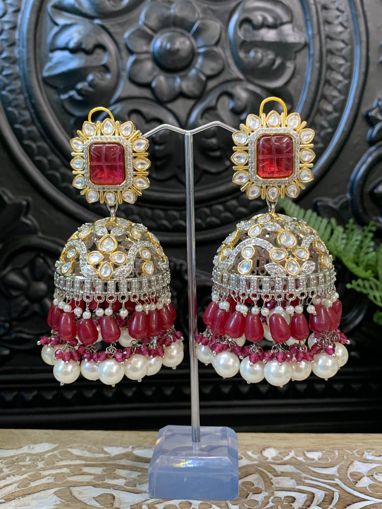 Meena kundan statement jhumka/jhumki earring red maroon burgundy