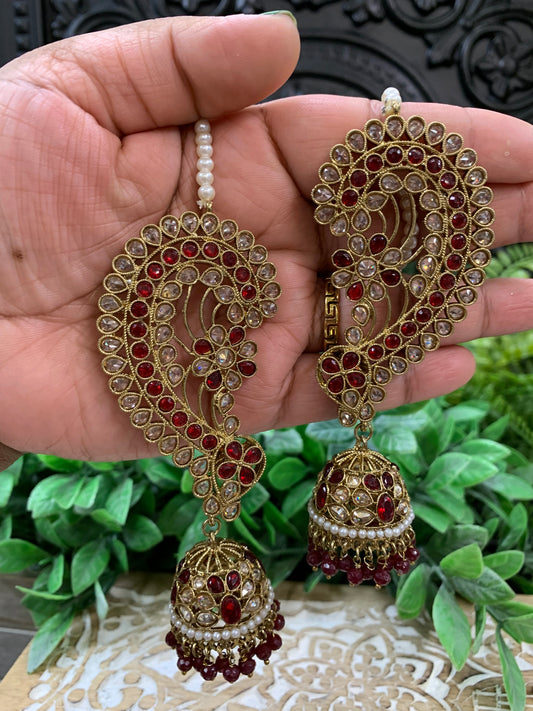 Jacklyn over the ear earring tikka jhumki sahare set maroon burgundy