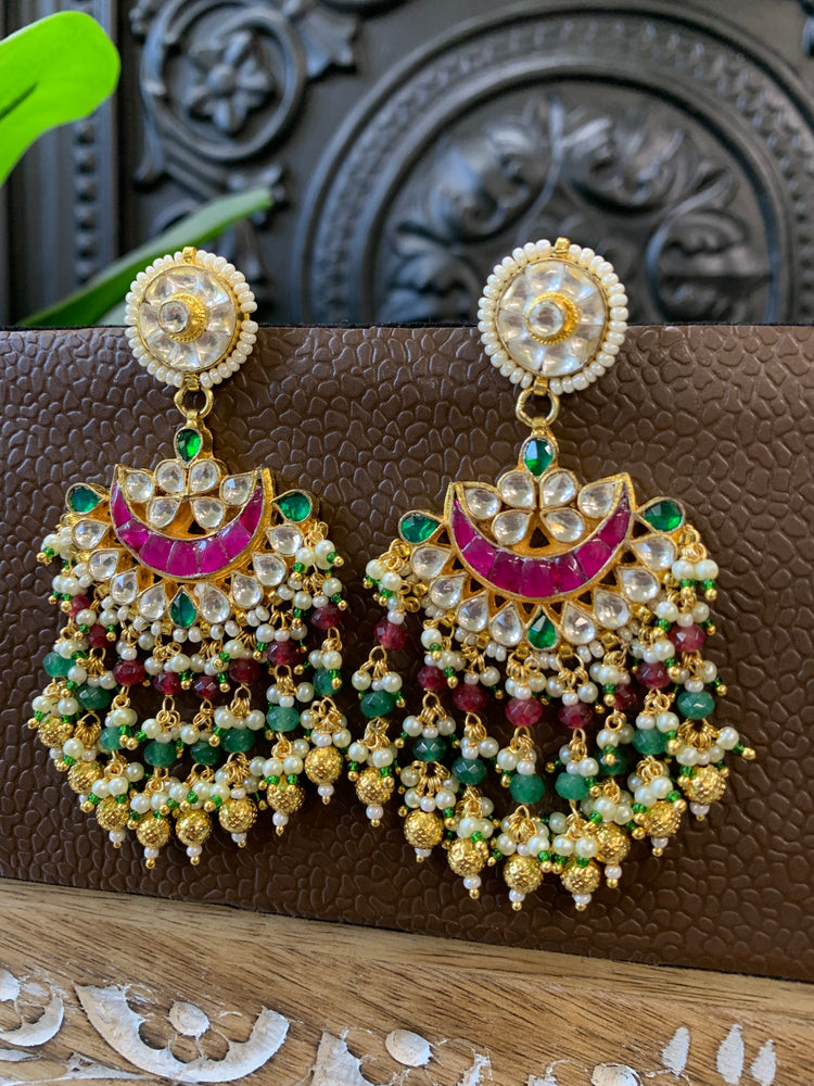 Leslie pachi Kundan chandbali earring small to medium size red and green multi