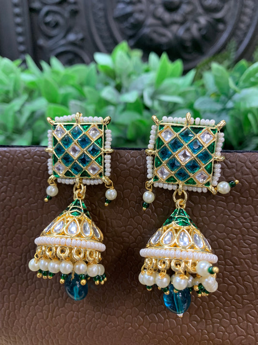 Saru kundan jhumki everyday wear small lightweight teal green