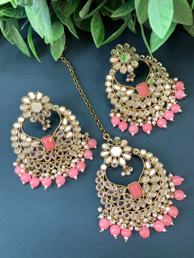 Judy chandbali mirror Tikka set onion pink