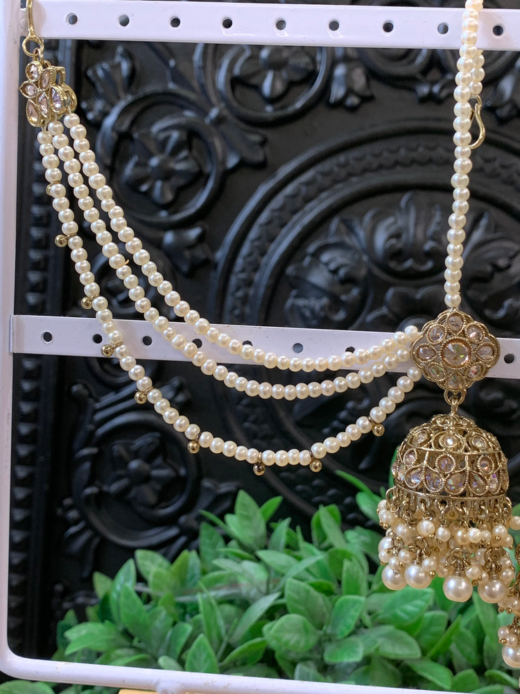 Shana triple layer bahubali sahare jhumki ear chain and matching tikka antique gold / pearl