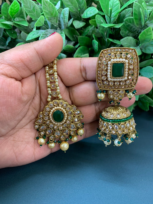 Hania emerald green  polki jhumki tikka set