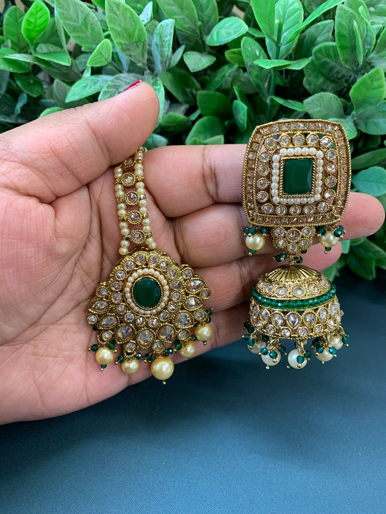 Hania emerald green  polki jhumki tikka set