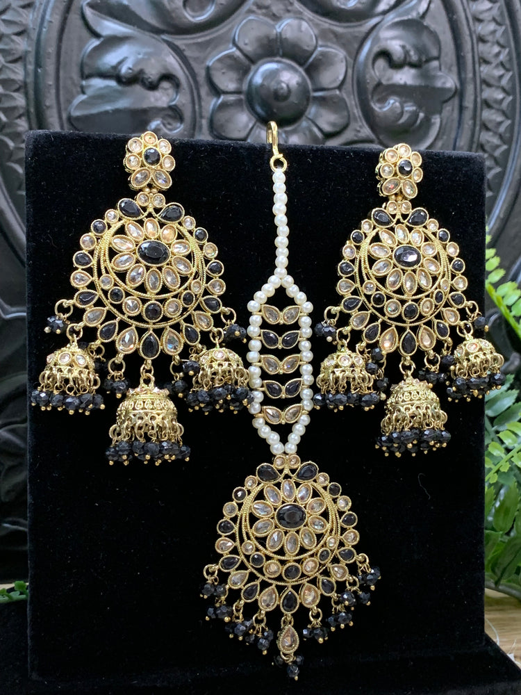 Kiana polki triple jhumki Chandbali style earring with matching tikka black