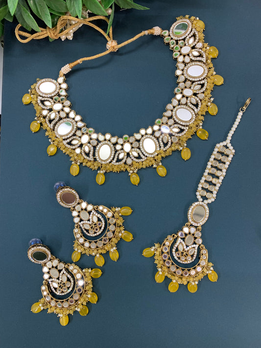 Joya quality mirror necklace set with matching earring tikka