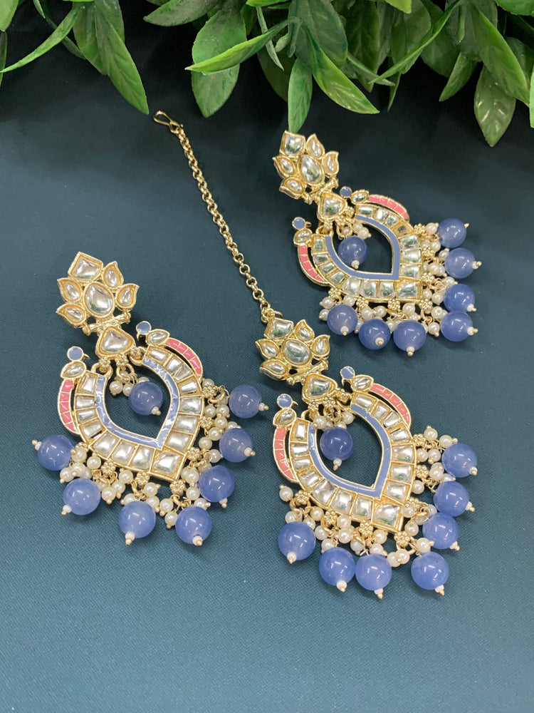 Amber kundan light weight earring tikka set blueish grey