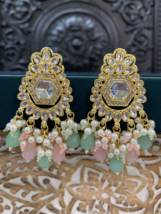 Jill gold kundan stud earring with crystal drops pastel multi