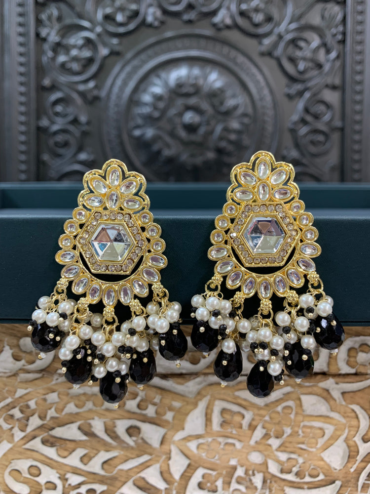 Jill gold kundan stud earring with crystal drops black