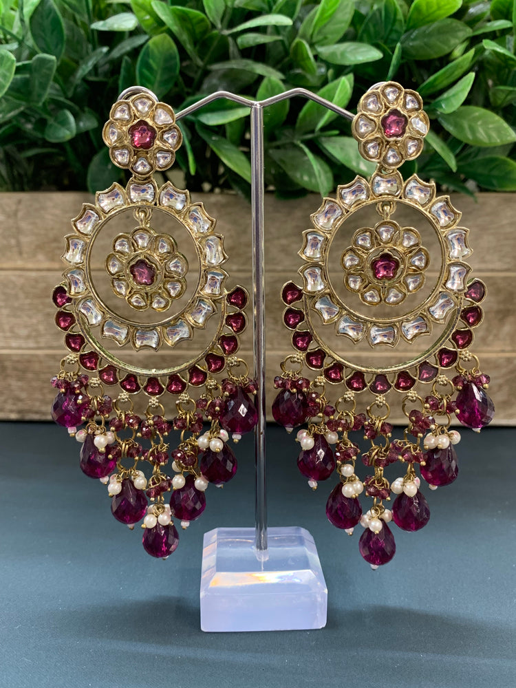 Barnavi Kundan earring wine red crystal drops