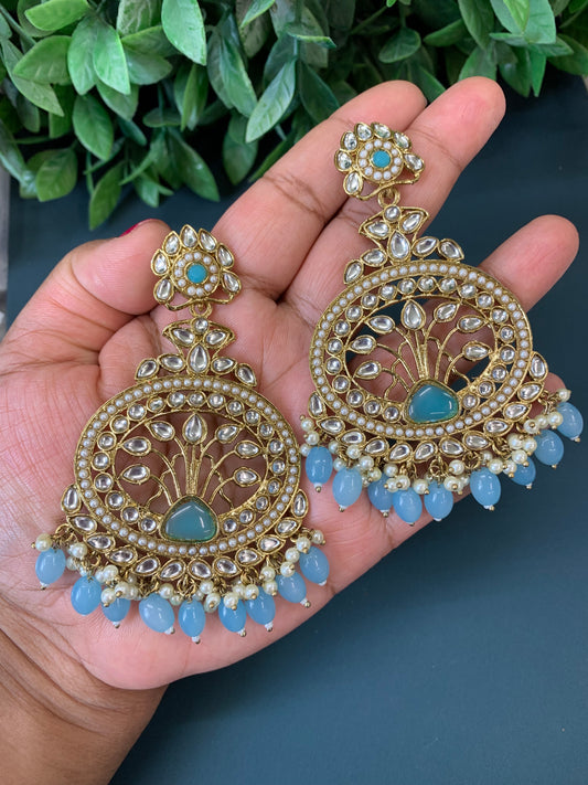 Mita kundan fashion chandbali style earring set light blue