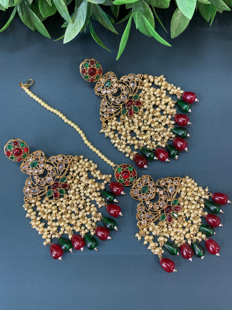 Cara statement polki earring tikka set pearl details and red green multi