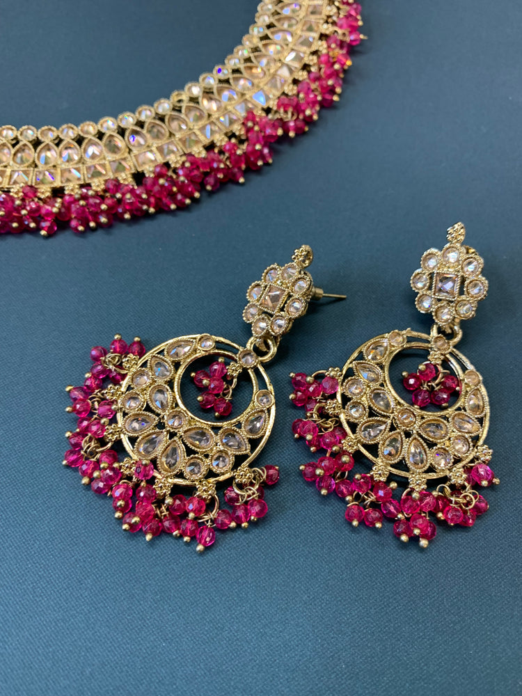 Rashmeet polki necklace with matching earring tikka hot pink magenta