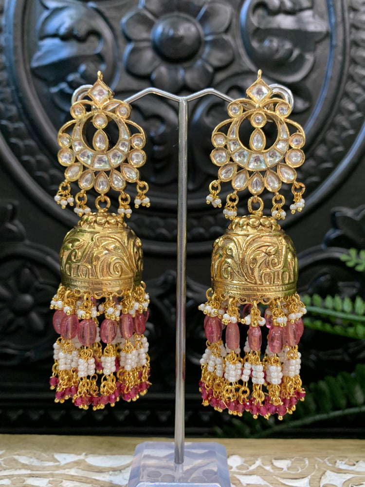 Bella moissanite kundan jhumki earring cherry red