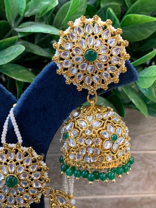 Zia traditional kundan jhumki with sahare and matching oversized tikka gold/emerald green