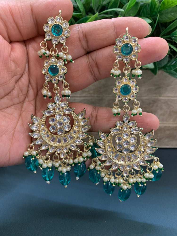 Aru kundan long statement earring teal green